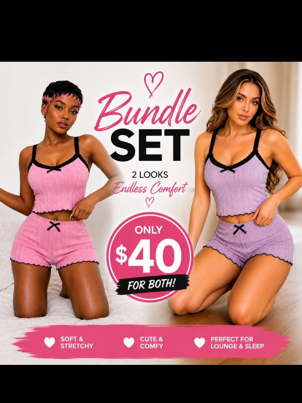 Women's Pink Ribbed Sleep Set With Purple Set Bundle Large Size